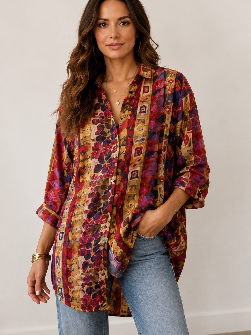 Vintage 90s La Femme India Cotton Gauze Floral Abstract Oversized Button Shirt M